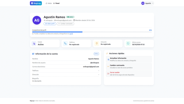 Vista de perfil de sistema de Registro y login Regilogpy creado en Django Python
